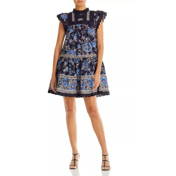 Sea New York Tess Floral Print Mini Dress A Line With Eyelet Lace and Pockets Si - Picture 12 of 12